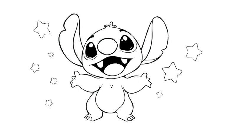 Desenho a preto e branco de Stitch com os braços abertos e um sorriso, rodeado de estrelas. Stitch pronto para ser colorido no color panel.