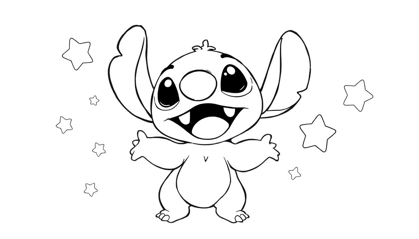 Desenho a preto e branco de Stitch com os braços abertos e um sorriso, rodeado de estrelas. Stitch pronto para ser colorido no color panel.