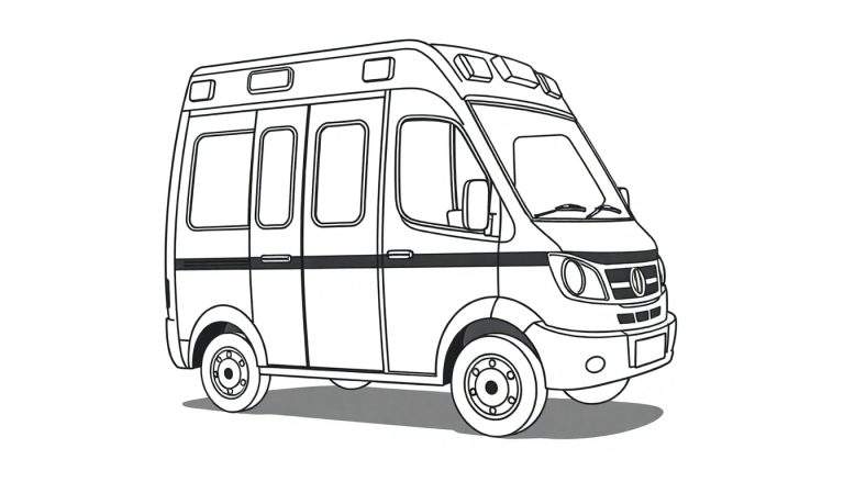 Desenho em preto e branco de uma ambulância com luzes de aviso no topo.