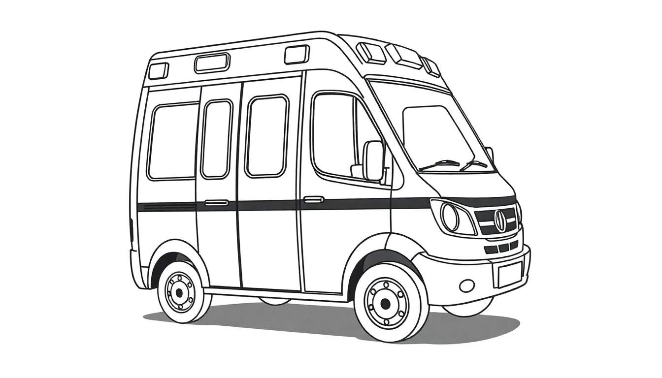 Desenho em preto e branco de uma ambulância com luzes de aviso no topo.