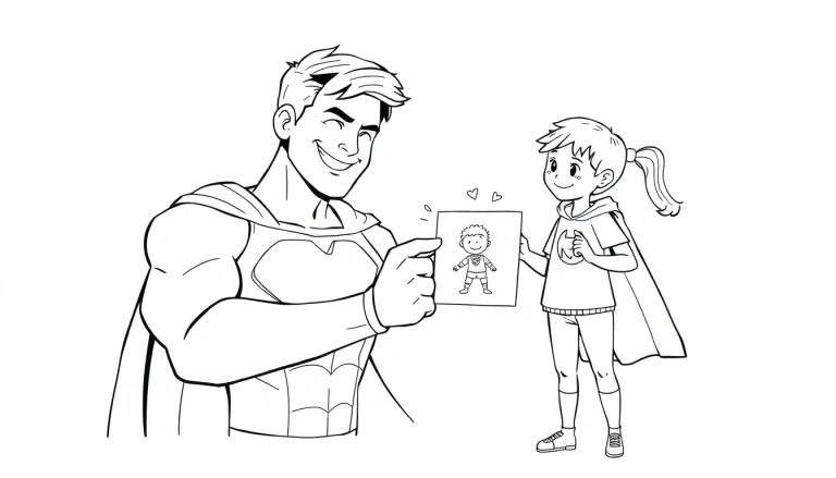 Um super-herói musculoso, sorrindo e admirando um desenho de super-herói feito por uma menina sorridente que usa uma capa de super-herói.