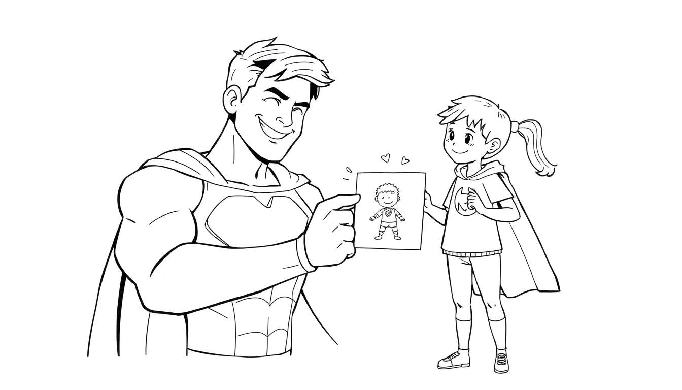 Um super-herói musculoso, sorrindo e admirando um desenho de super-herói feito por uma menina sorridente que usa uma capa de super-herói.