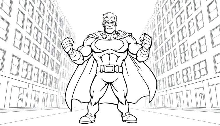 Um super-herói musculoso em preto e branco, com manto e punhos cerrados, em frente a prédios urbanos, pronto para ser colorido.