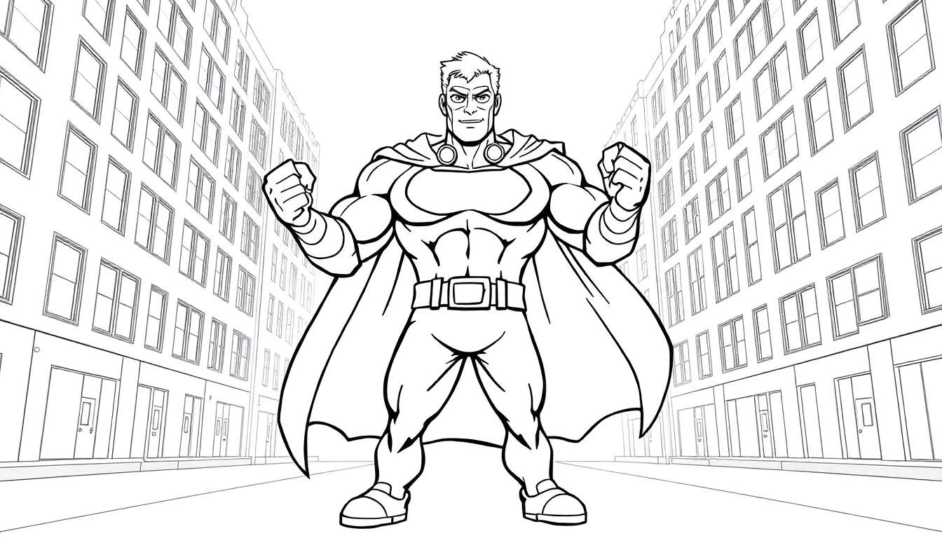 Um super-herói musculoso em preto e branco, com manto e punhos cerrados, em frente a prédios urbanos, pronto para ser colorido.