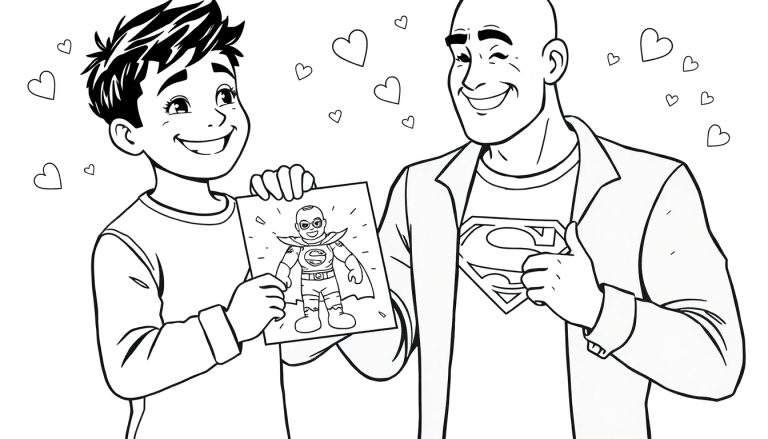 Um menino sorridente entrega um desenho de um super-herói musculoso para um adulto que sorri com um polegar para cima, com corações flutuando entre eles. O adulto usa uma camiseta do Superman.