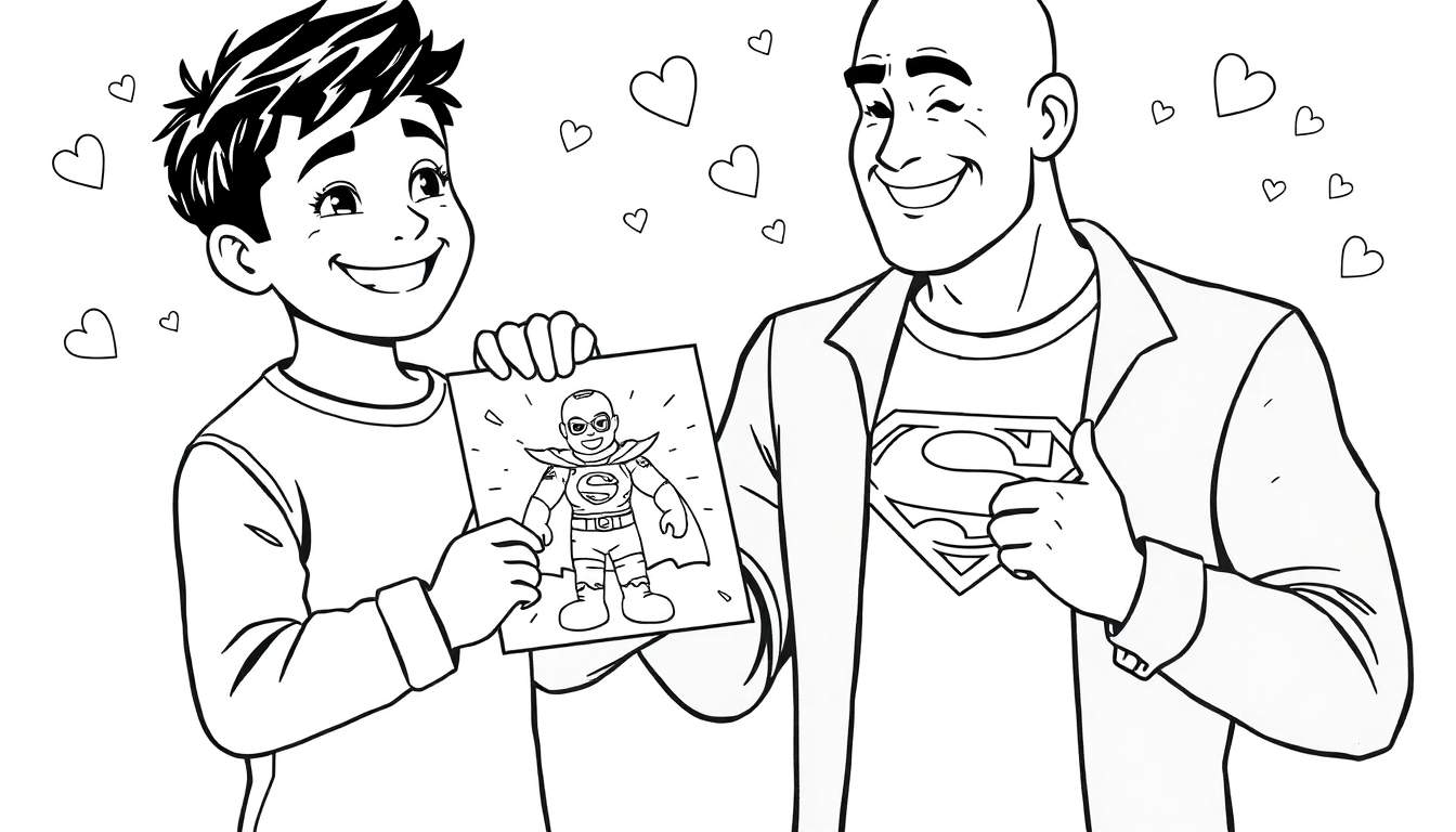 Um menino sorridente entrega um desenho de um super-herói musculoso para um adulto que sorri com um polegar para cima, com corações flutuando entre eles. O adulto usa uma camiseta do Superman.