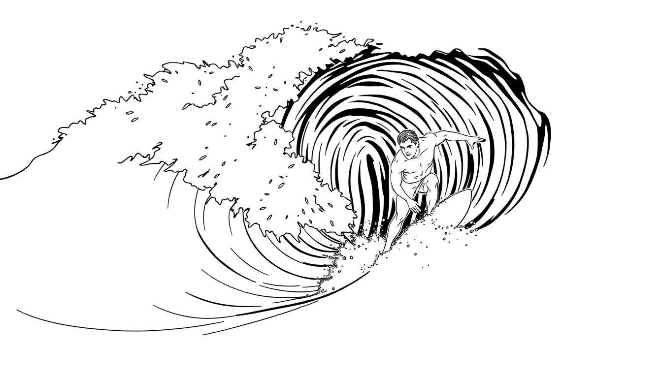 Desenho a preto e branco de um surfista em pé numa prancha, com os braços abertos, a apanhar uma onda grande e enrolada, com água a espirrar. Um color panel vibrante adicionaria vida a esta cena.
