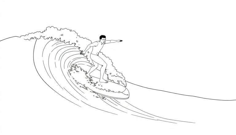 Um surfista em cima de uma onda em espiral, um desenho a preto e branco.
