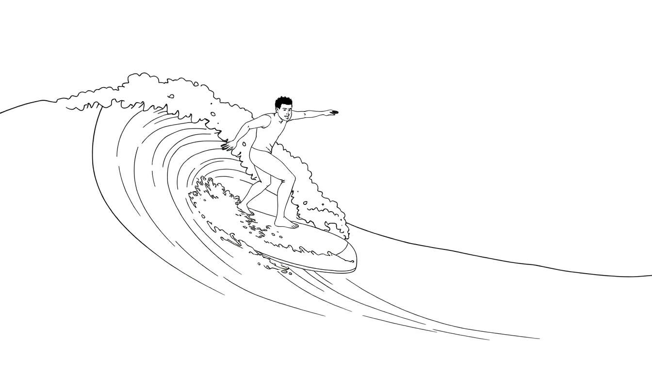 Um surfista em cima de uma onda em espiral, um desenho a preto e branco.