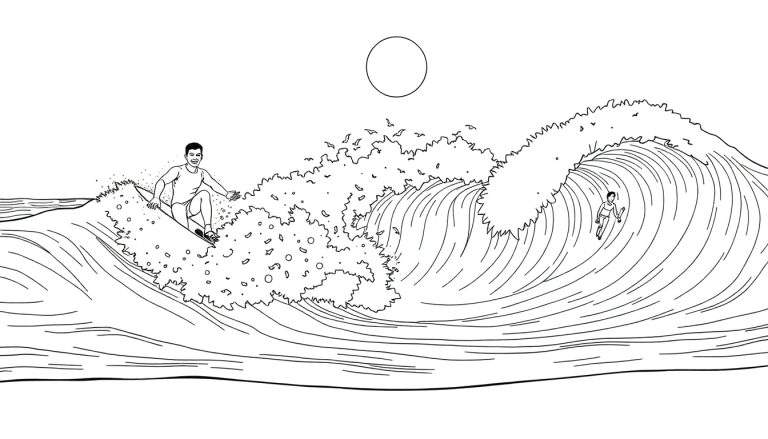 Um color panel com dois surfistas desenhados a preto e branco pegando ondas sob o sol.