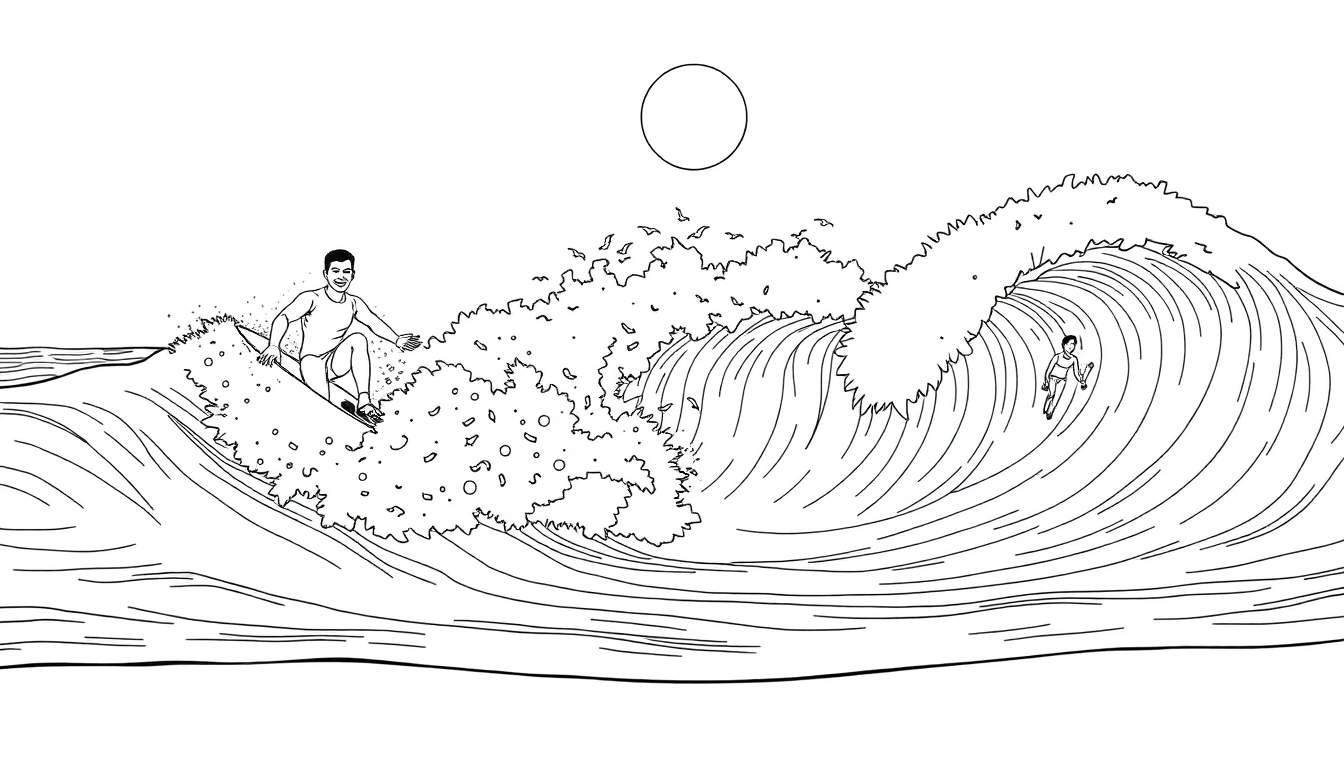 Um color panel com dois surfistas desenhados a preto e branco pegando ondas sob o sol.