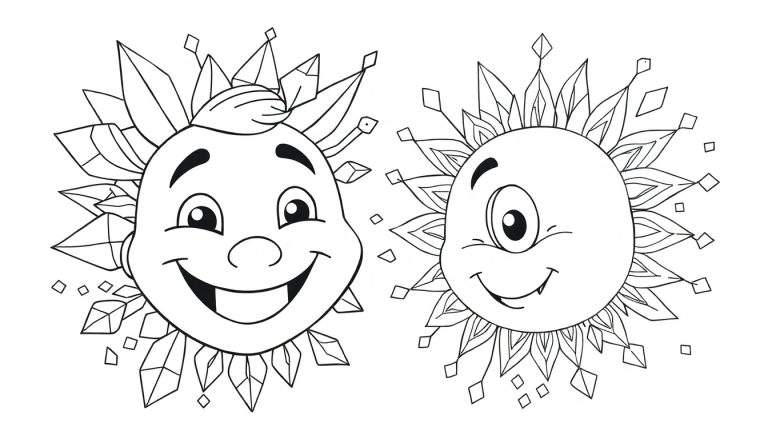 Dois sóis sorridentes em preto e branco, um com cabelo pontudo e outro com um olho, ambos rodeados por raios geométricos, como num color panel.