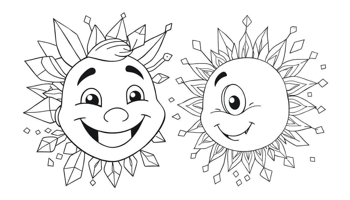 Dois sóis sorridentes em preto e branco, um com cabelo pontudo e outro com um olho, ambos rodeados por raios geométricos, como num color panel.