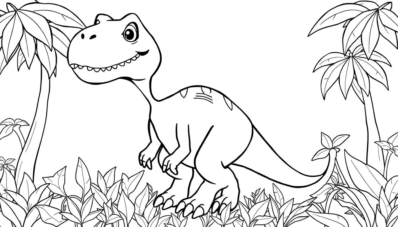 Um jovem Tiranossauro Rex fofo em um desenho de linha, em pé em uma paisagem tropical com palmeiras.