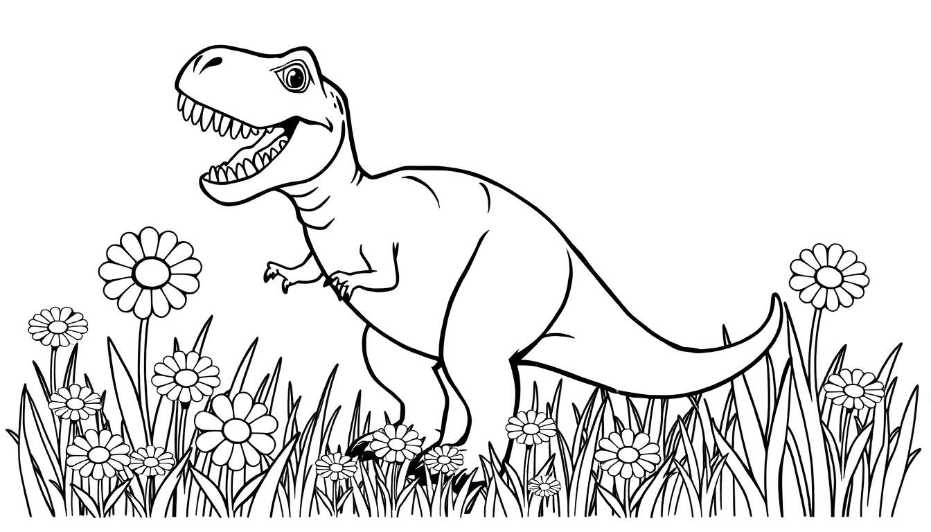 Um desenho em preto e branco de um Tiranossauro Rex sorrindo com a boca aberta em um campo de flores brancas e grama.