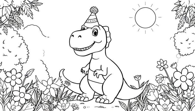 Um T-Rex sorridente com um chapéu de festa, desenhado em preto e branco para colorir, cercado por flores e natureza. Inclui um color panel.