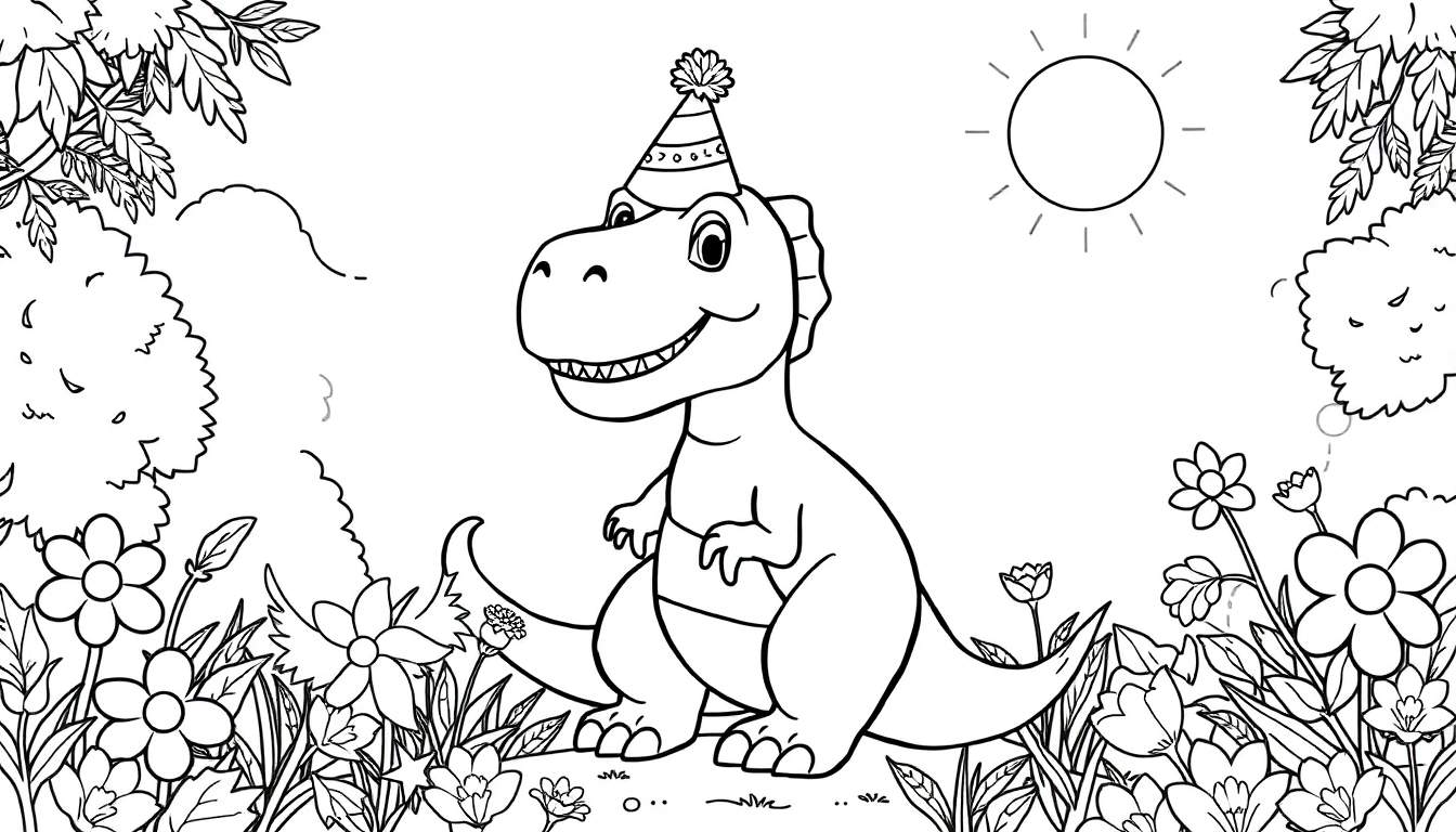 Um T-Rex sorridente com um chapéu de festa, desenhado em preto e branco para colorir, cercado por flores e natureza. Inclui um color panel.