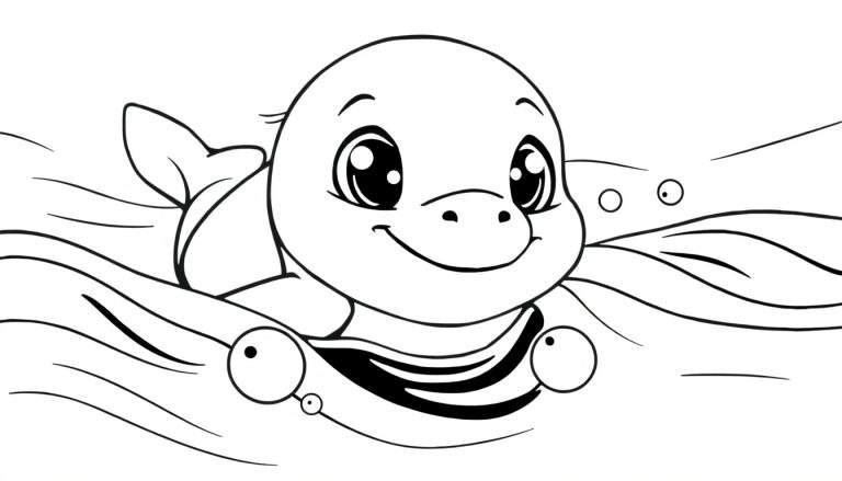 Uma tartaruga bebê fofa com uma boia, nadando em ondas suaves e com bolhas. Um desenho simples para colorir.