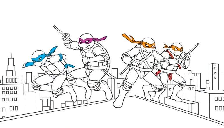 As Tartarugas Ninja correndo em cima de prédios com suas máscaras coloridas e armas. Um color panel cheio de ação!