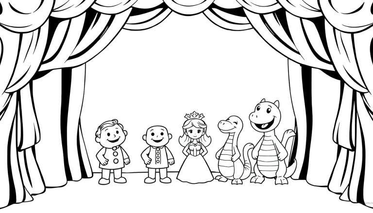 Um palco de teatro em preto e branco com cortinas abertas revelando personagens de desenho animado, incluindo meninos, uma princesa e dinossauros, todos com sorrisos amigáveis. Um color panel para criar um espetáculo vibrante.