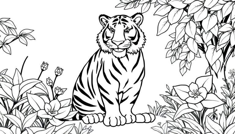 Desenho linear em preto e branco de um tigre majestoso sentado em meio a uma floresta exuberante. O tigre tem listras clássicas e olha para a frente. A vegetação é composta por folhas e flores de vários tamanhos.
