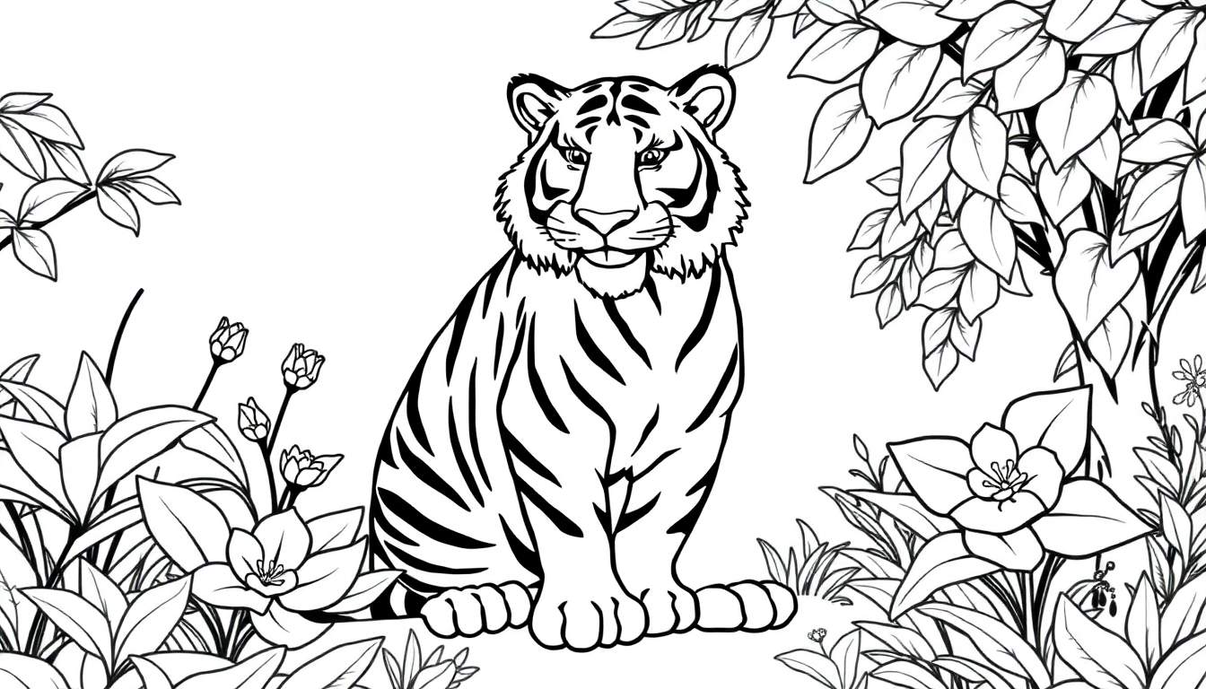 Desenho linear em preto e branco de um tigre majestoso sentado em meio a uma floresta exuberante. O tigre tem listras clássicas e olha para a frente. A vegetação é composta por folhas e flores de vários tamanhos.