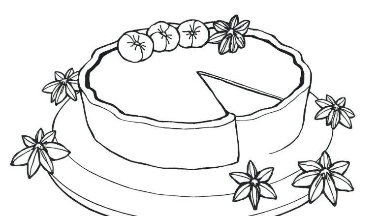 Desenho em preto e branco de uma torta com uma fatia faltando e frutas e flores decorativas.