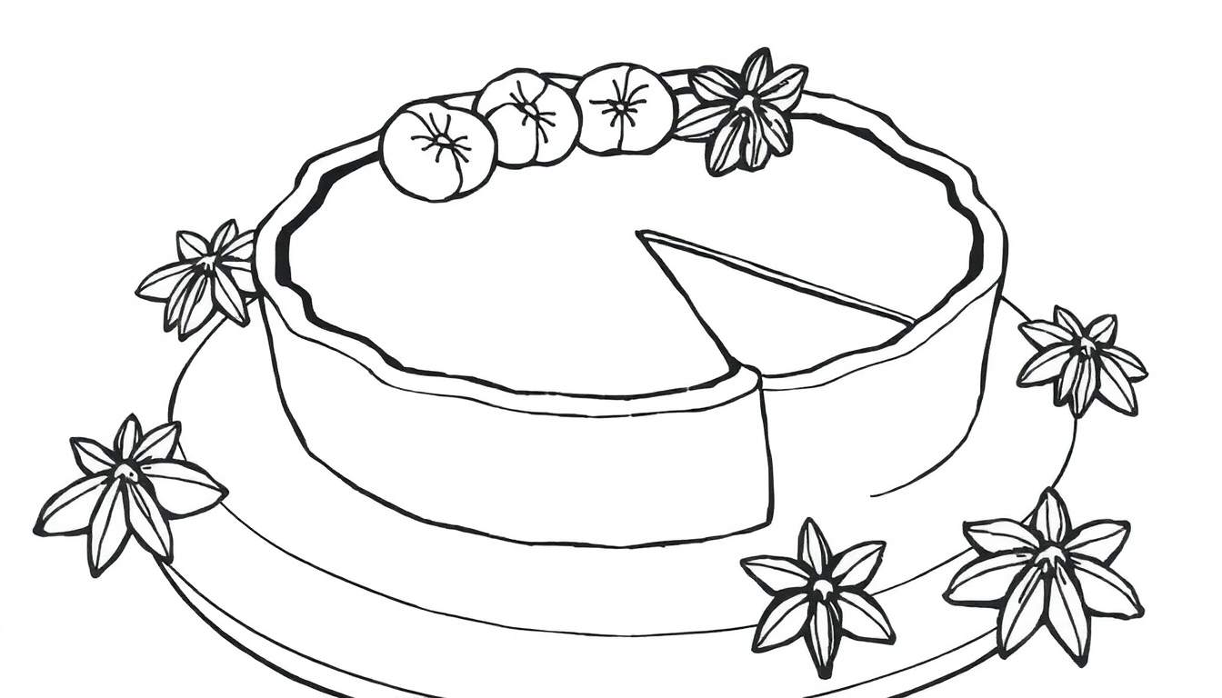 Desenho em preto e branco de uma torta com uma fatia faltando e frutas e flores decorativas.