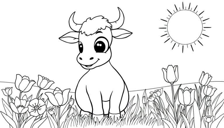 Página para colorir de um touro amigável em um campo com tulipas e sol.