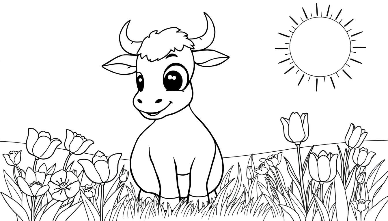 Página para colorir de um touro amigável em um campo com tulipas e sol.