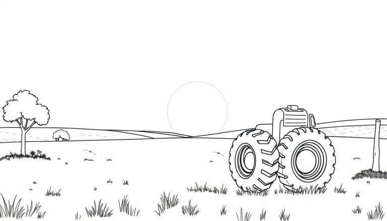 Um trator num campo, pronto para colorir, parte de um color panel.