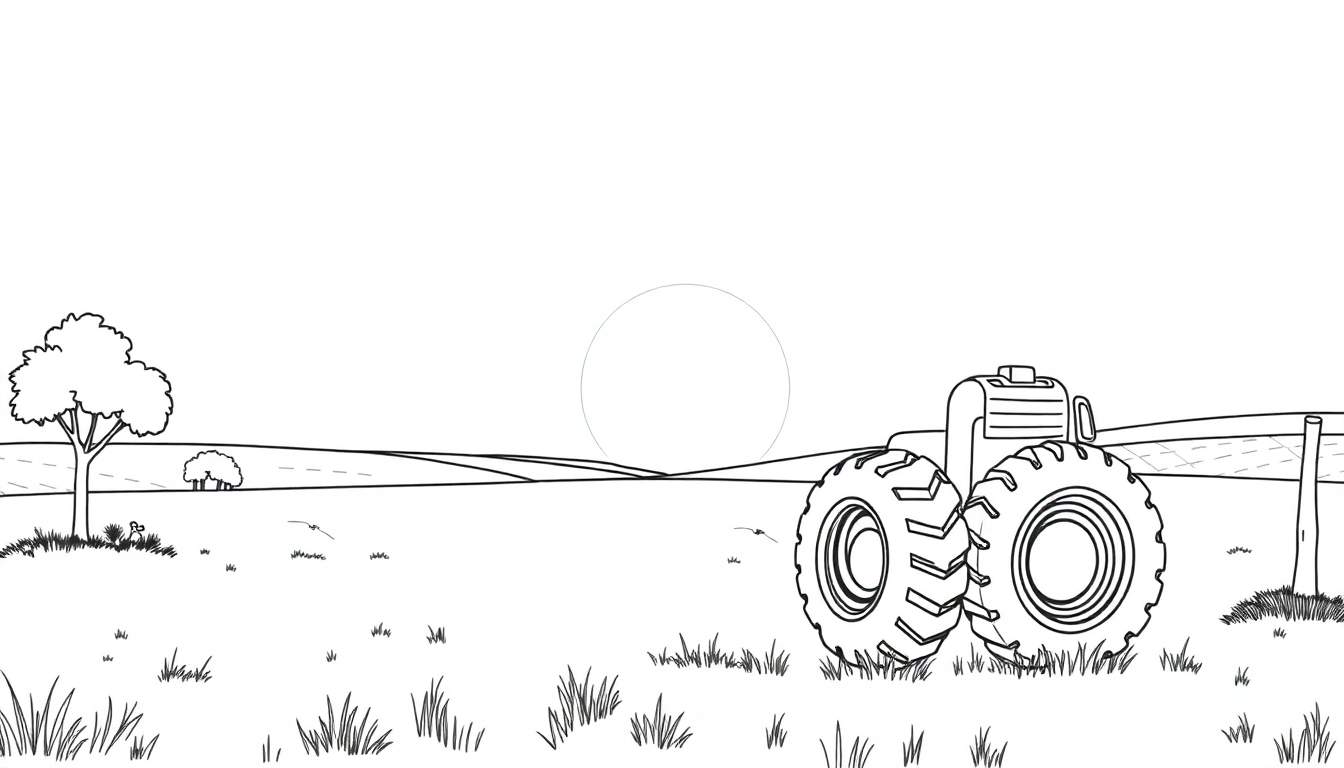 Um trator num campo, pronto para colorir, parte de um color panel.