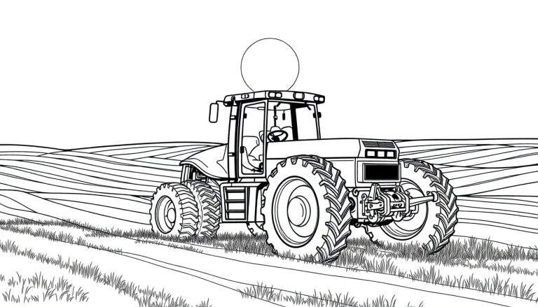 Desenho de um trator vermelho em um campo arado, com um círculo no céu. Ideal para um color panel.
