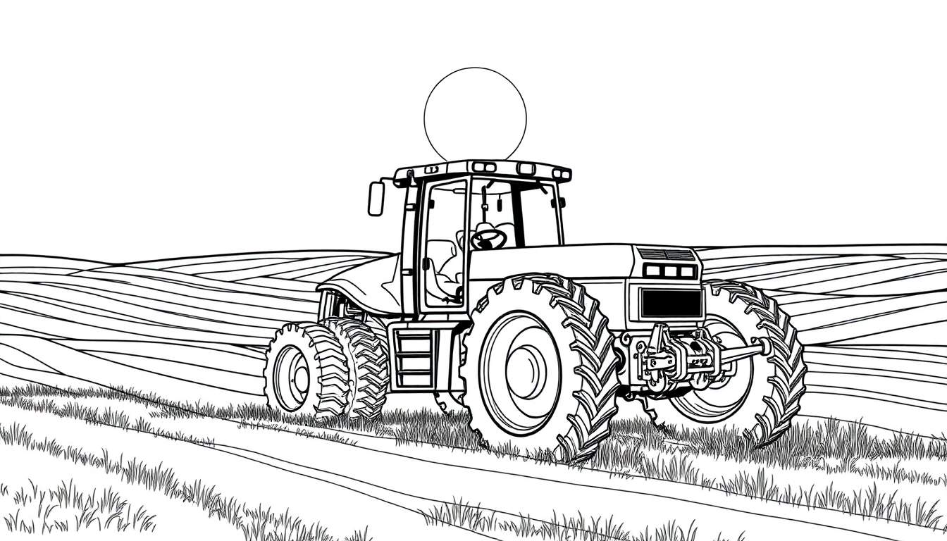 Desenho de um trator vermelho em um campo arado, com um círculo no céu. Ideal para um color panel.