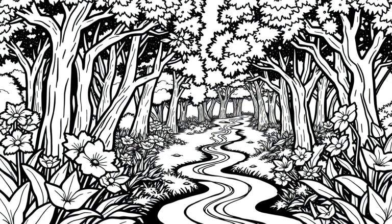 Uma floresta em preto e branco com uma trilha sinuosa entre árvores altas e densas, com detalhes de plantas no chão.