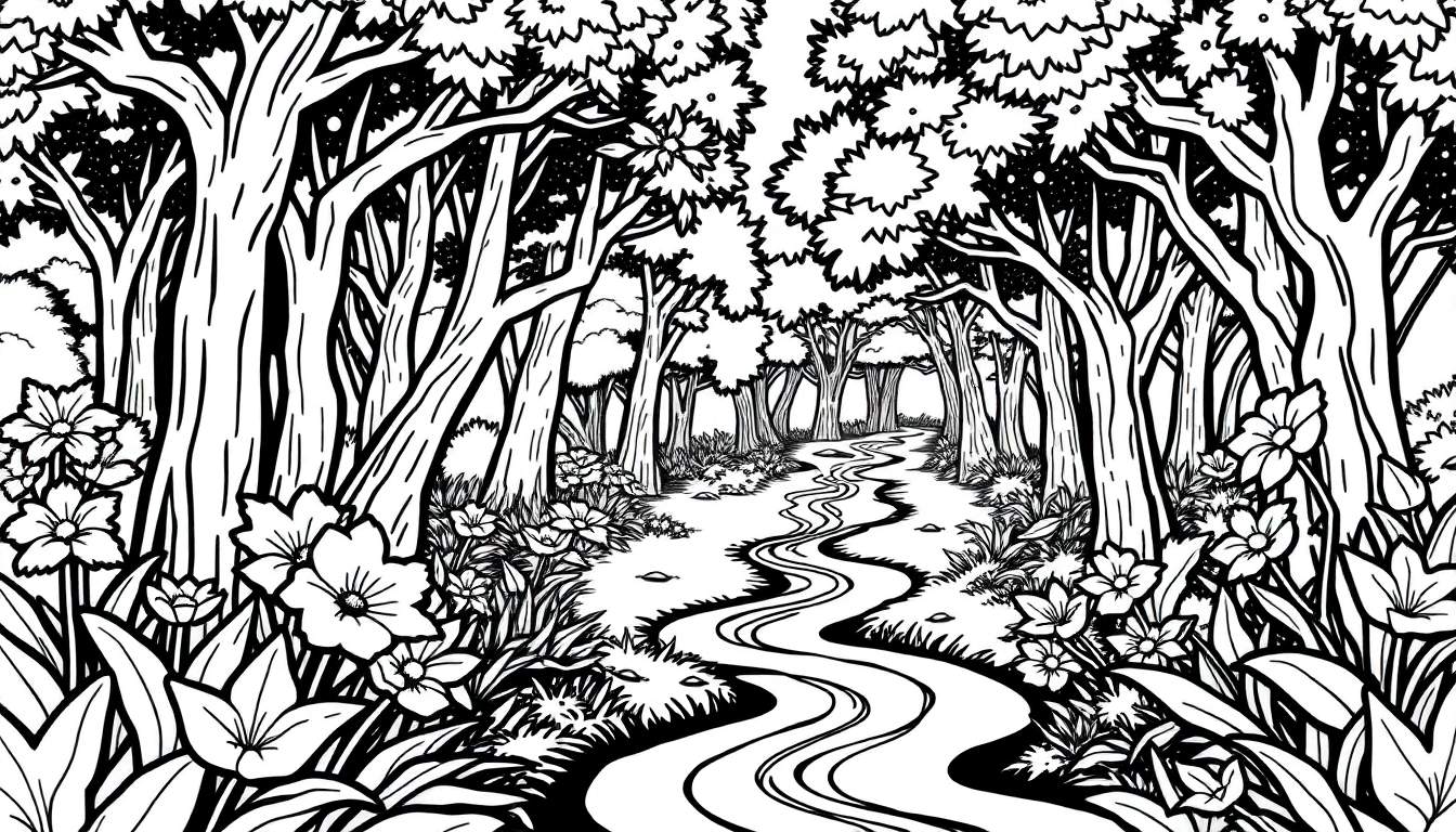 Uma floresta em preto e branco com uma trilha sinuosa entre árvores altas e densas, com detalhes de plantas no chão.