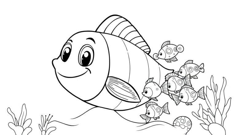 Um grande tubarão branco sorrindo com listras verticais e nadando com um grupo de peixes menores com padrões circulares. Inclui elementos aquáticos e é um color panel.