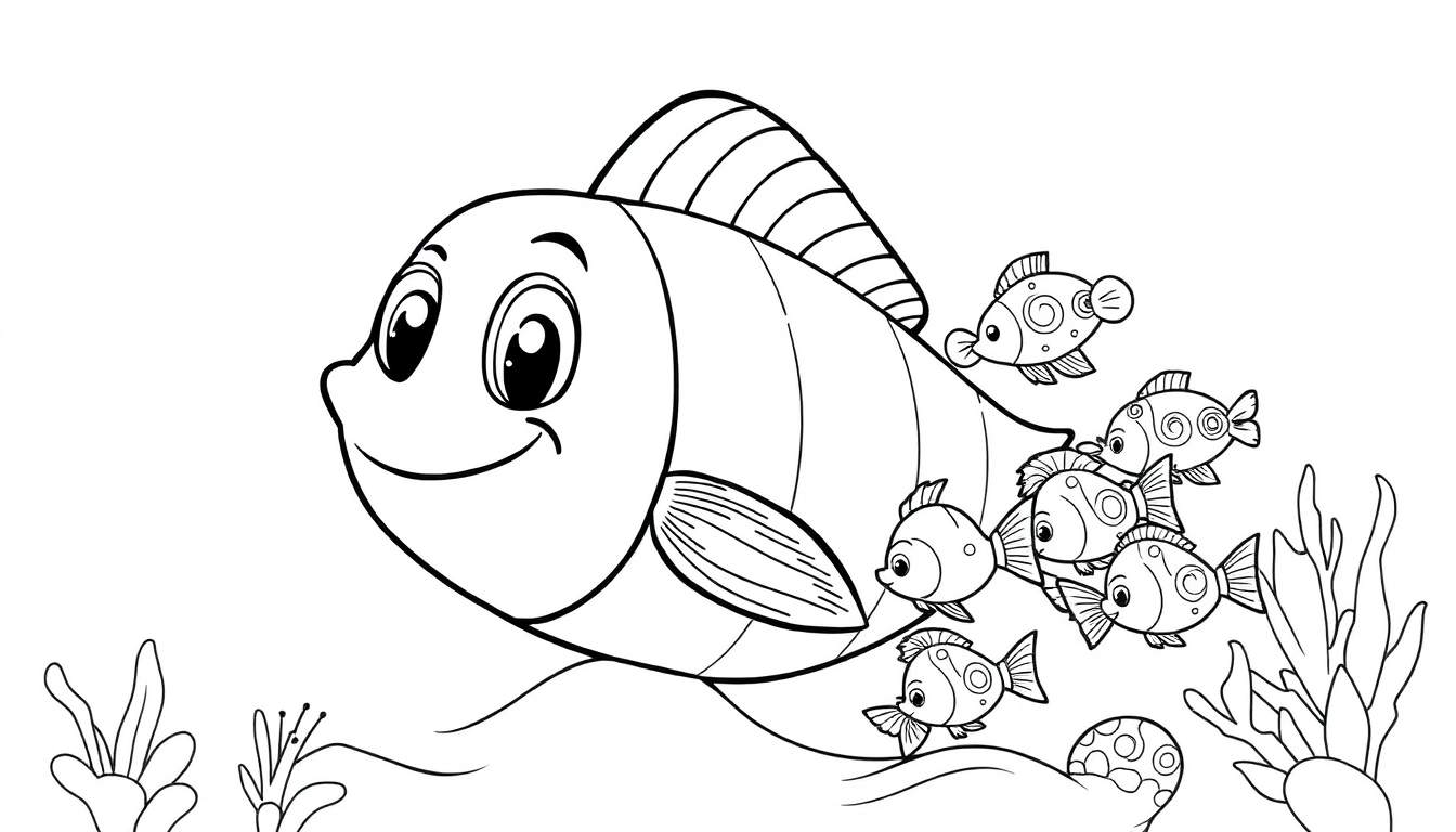 Um grande tubarão branco sorrindo com listras verticais e nadando com um grupo de peixes menores com padrões circulares. Inclui elementos aquáticos e é um color panel.