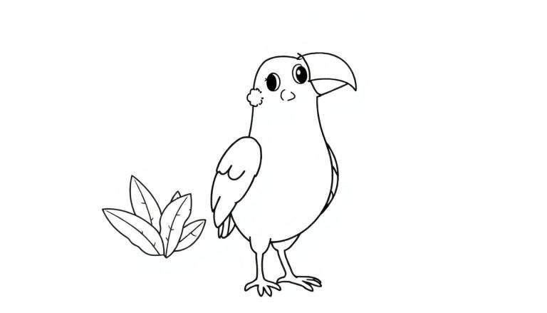 Desenho em preto e branco de um tucano de desenho animado com um bico grande e curvo, olhos redondos e uma pequena toupeira perto do bico, em pé com as pernas e pés detalhados e uma asa visível. Folhas estilizadas na base.