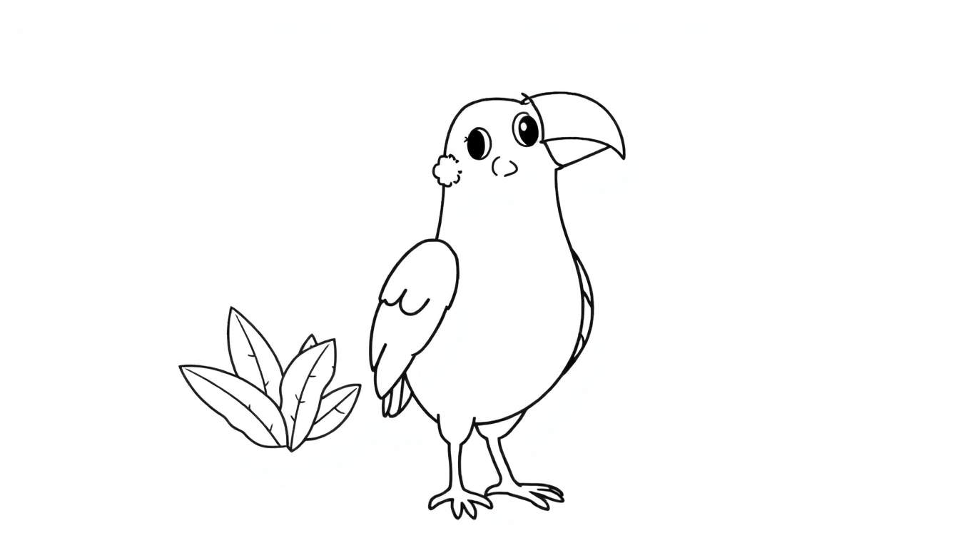 Desenho em preto e branco de um tucano de desenho animado com um bico grande e curvo, olhos redondos e uma pequena toupeira perto do bico, em pé com as pernas e pés detalhados e uma asa visível. Folhas estilizadas na base.