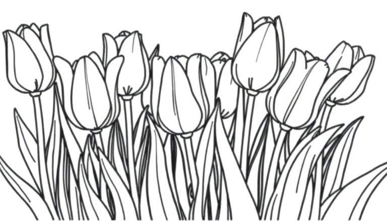Um desenho em preto e branco de um grupo de tulipas com pétalas fechadas e hastes finas, ideal para colorir.