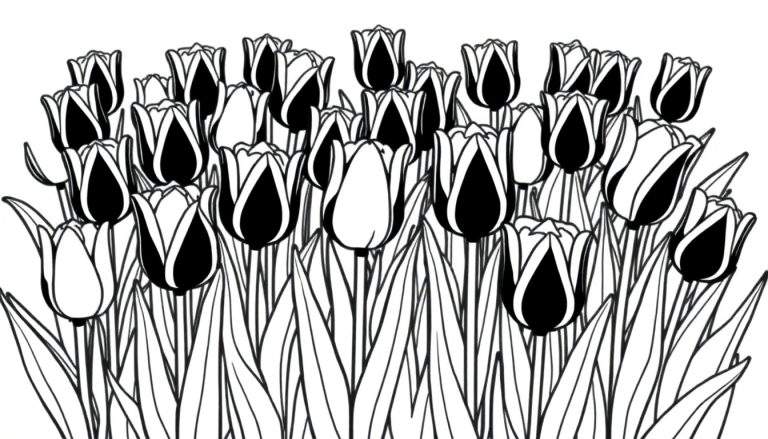Ilustração em preto e branco de um campo de tulipas estilizadas com pétalas divididas entre preto e branco.