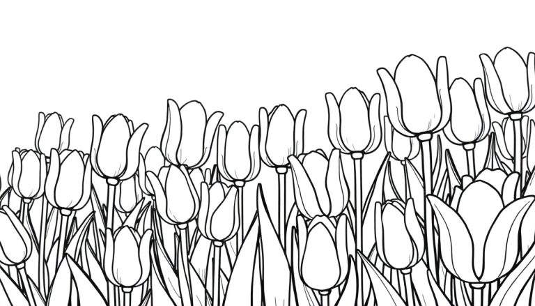 Desenho a preto e branco de um campo de tulipas, pronto para colorir, com um color panel.