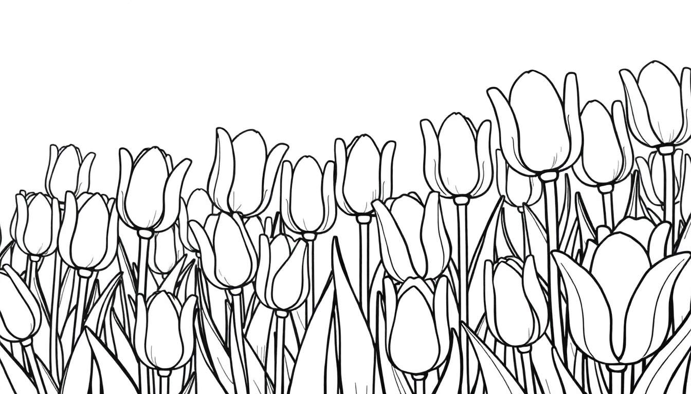 Desenho a preto e branco de um campo de tulipas, pronto para colorir, com um color panel.