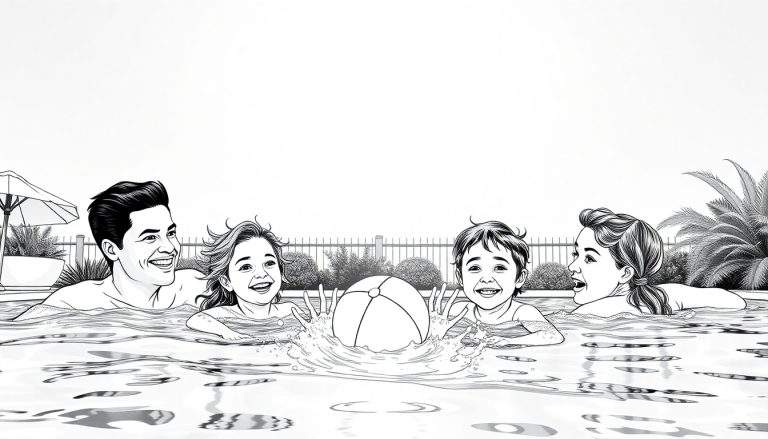 Desenho em preto e branco de uma família feliz em uma piscina, com água espirrando e um color panel vibrante ao fundo.