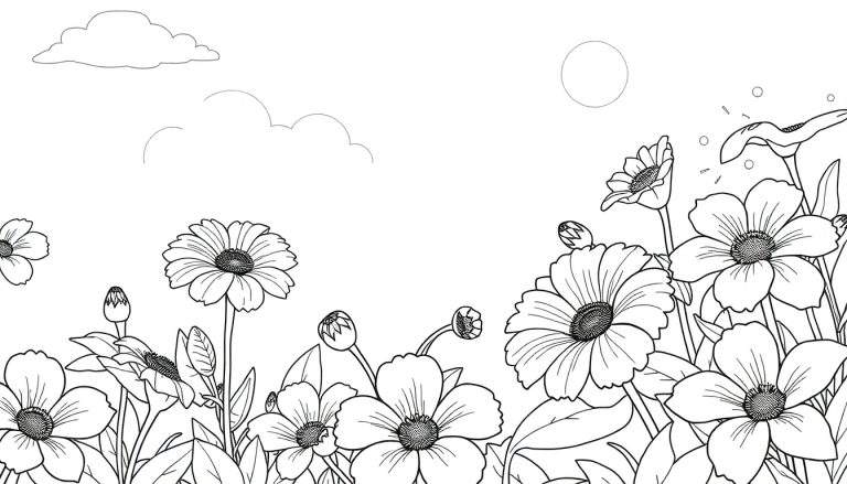 Um campo de flores preto e branco com nuvens e um sol ou lua no céu.