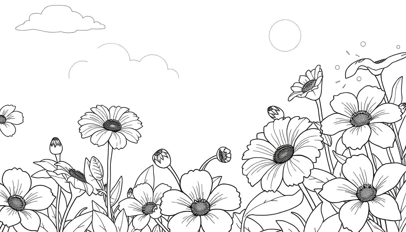 Um campo de flores preto e branco com nuvens e um sol ou lua no céu.