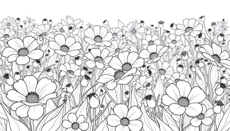 Campo preto e branco com detalhes de flores e abelhas.