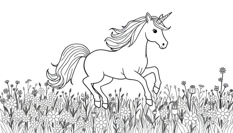 Desenho em preto e branco de um unicórnio correndo em um campo florido, pronto para colorir.
