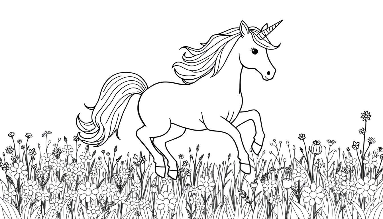 Desenho em preto e branco de um unicórnio correndo em um campo florido, pronto para colorir.